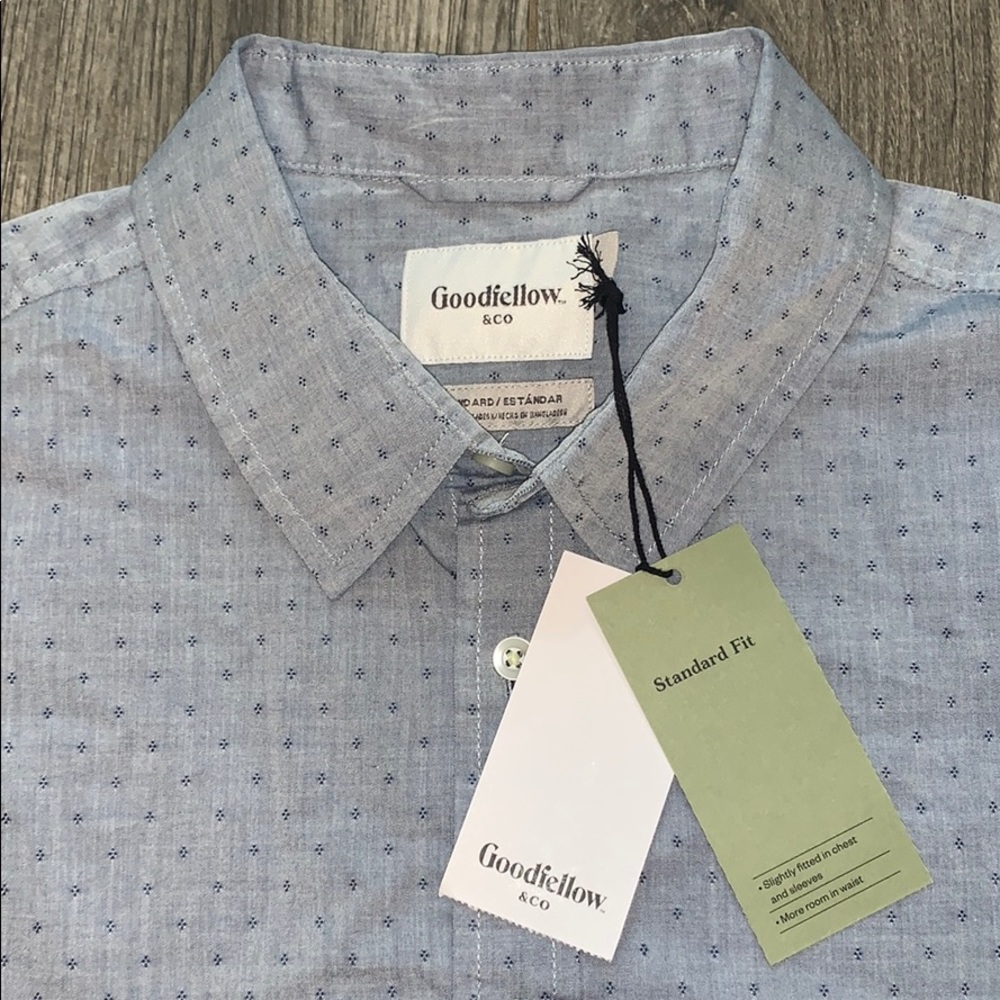 Casual button down, short sleeve shirt.